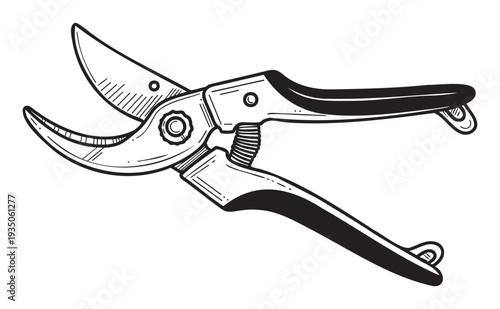 Essential gardening pruner tool in a bold line drawing style, perfect for horticultural magazines, plant care guides, and home garden equipment advertising.