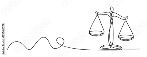 Continuous line drawing of a classical balance scale symbolizing justice and equilibrium, perfect for legal presentations, business concepts, or educational materials