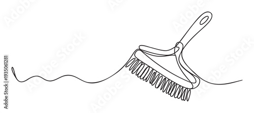 Continuous line drawing of a utility scrubbing brush with a fluid movement trail, perfect for modern home accessory advertisements, domestic service company branding, or cleaning routine