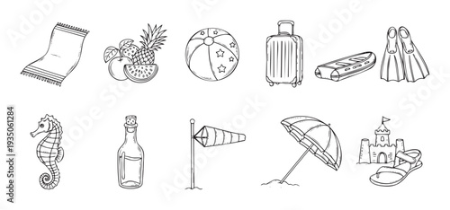 Collection of various summer vacation and beach holiday essential items including travel accessories, recreational gear, and tropical elements perfect for tourism brochures or seaside