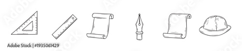 Collection of hand drawn measurement tools, writing instruments, and explorer headwear perfect for educational materials, historical themes, or adventure related visual content