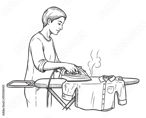 A detailed line drawing of a person diligently ironing a crisp shirt on an ironing board with visible steam, perfect for illustrating daily household routines and chore management.