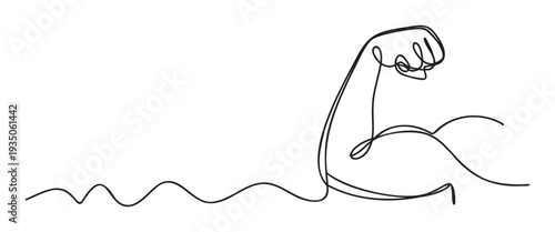 Simple continuous line drawing showing a strong flexed arm with a prominent bicep symbolizing power and determination, ideal for fitness branding and motivational content.