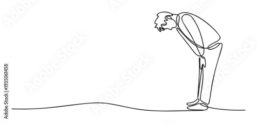 A continuous line drawing of a person bowing deeply, representing respect, apology, or humility, ideal for modern graphic compositions or conceptual visual projects.