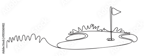 Minimalist continuous line drawing of a golf course putting green with a flag, perfect for sports event promotions, club branding, or recreational activity graphics.