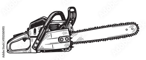 A powerful gasoline powered chainsaw handdrawn with intricate details, perfect for professional logging projects, tree cutting, and outdoor home improvement tasks