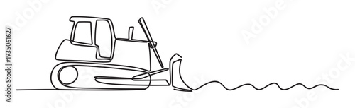 Minimalist continuous line representation of a heavy duty bulldozer clearing ground, suitable for construction industry advertisements and engineering presentations.