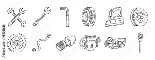 Collection of hand drawn line art automotive repair tools and vehicle engine parts for mechanic workshop service and car maintenance advertisements