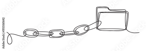 A continuous single line drawing illustrates a conceptual chain connecting to a folder icon, symbolizing data linkage, secure storage, file management, or a sequential process for