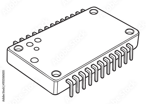 Technical outline drawing of an electronic integrated circuit module featuring multiple connection pins and mounting holes, suitable for industrial designs and engineering schematics.