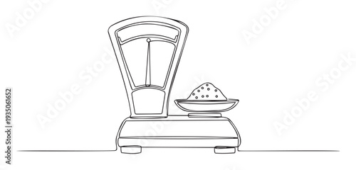 Continuous single line drawing of a traditional kitchen scale with a bowl of grains for measuring ingredients perfect for culinary publications or kitchen supply advertisements