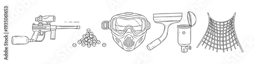 Paintball sport essential gear and accessories displayed for actionpacked game event advertising, tournament promotions, or equipment guide visuals.