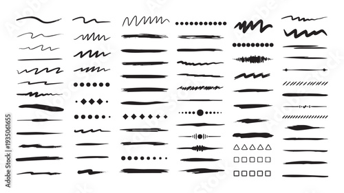 Diverse collection of hand drawn black lines, scribbles, brush strokes, dots, and geometric shapes perfect for adding unique underlining, dividing, or decorative graphic elements to any
