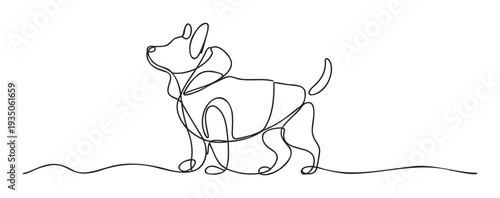 Adorable canine companion dressed in a comfortable hoodie rendered in a flowing continuous line drawing technique, ideal for minimalist pet branding, childrens book covers, or contemporary