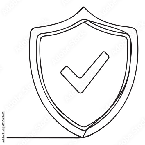 Simple continuous line graphic illustrating a robust shield with an integrated checkmark, perfectly suitable for symbolizing data protection, quality approval, and guaranteed assurance