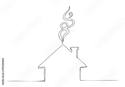 Abstract continuous line drawing illustrating a house with a chimney and stylized smoke, useful for concepts of home, family, real estate, or energy consumption.