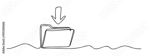 Minimalist continuous line drawing depicting a data folder with a downward arrow indicating file download or saving, ideal for technology interfaces, software applications, and web