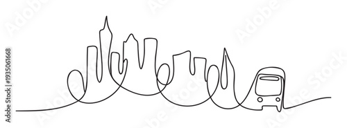 Minimalist one line drawing depicting a dynamic cityscape with tall buildings and a public transit bus, ideal for urban development or travel related marketing materials.