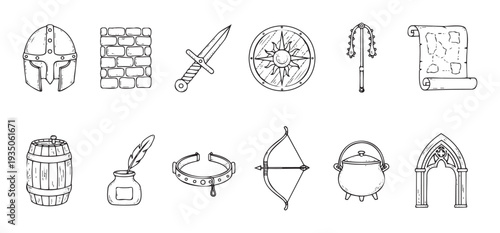 Various hand drawn line artwork depicting classic medieval and fantasy elements like helmets swords shields maps and potions perfect for game design book covers and adventure themed