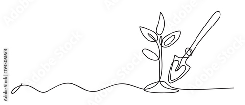 Minimalist single continuous line drawing illustrating a young plant seedling growing in soil next to a gardening trowel for environmental projects and nature themes
