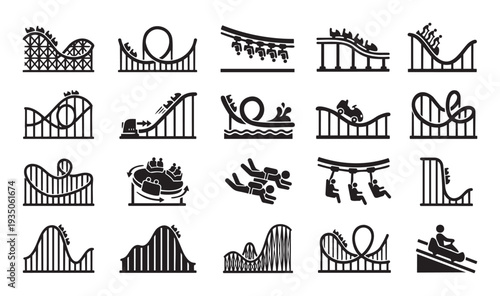 Comprehensive set of roller coaster and thrill ride icons perfect for theme park brochures, digital apps, and family entertainment website graphics
