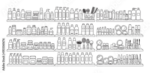 A comprehensive collection of cosmetic products and personal care items displayed on multiple shelves, perfect for health and wellness guides or retail product promotion.