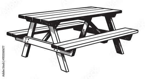 Classic outdoor wooden picnic table with attached benches, depicted in a clear graphic style, suitable for campground promotions, park signage, or backyard furniture catalogs.