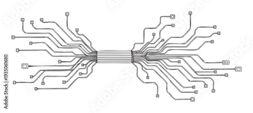 Modern technological connection lines forming a symmetrical circuit board network graphic useful for data flow representations and electronic system interface designs