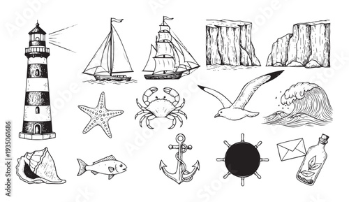A collection of hand drawn sea travel and marine life symbols including a lighthouse, ships, crab, fish, and anchor for nautical themed projects