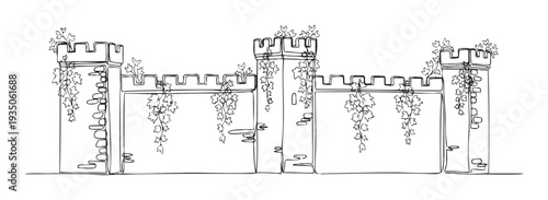 Continuous single line drawing of an ancient stone castle wall with towering battlements and climbing ivy, perfect for historical graphic assets or themed decorative projects.