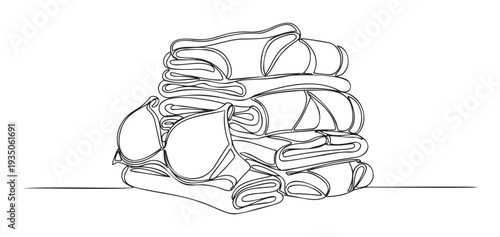 Elegant continuous line artwork showcasing a wellorganized stack of folded clothing and a bra, representing domestic cleanliness, perfect for home care content and apparel advertising.