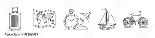 Sketch style travel icons depicting vacation essentials like luggage, world map, timing clock with airplane, sailing boat, and bicycle, perfect for tourism applications.