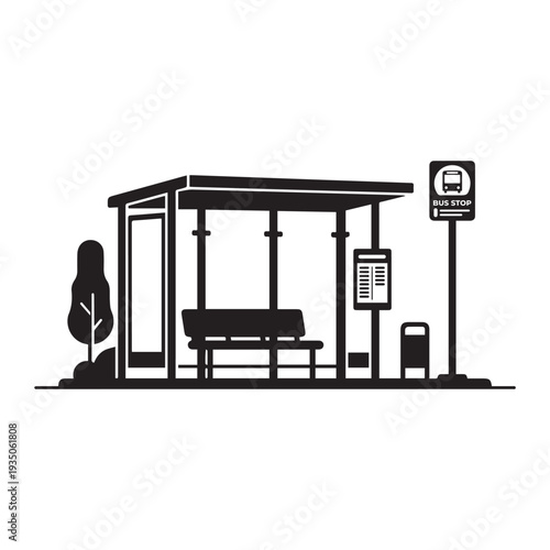 Bus stop with a shelter and seating high quality professional Icon Silhouette vector black design on a white background
