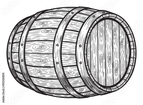 A rustic wooden barrel with metal bands and visible wood grain, representing traditional storage for beverages, suitable for product labeling in food and drink industries.