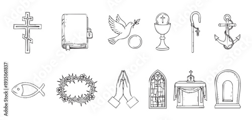 Collection of handdrawn Christian religious symbols including a cross, Bible, dove, chalice, and anchor, ideal for illustrating spiritual themes and churchrelated content.