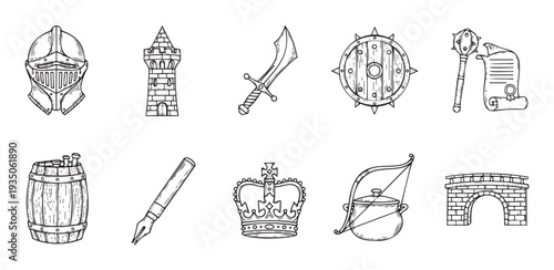 Discover a compelling collection of medieval historical objects and traditional symbols featuring a knight helmet, castle tower, sword, shield, crown, and bridge, perfect for game