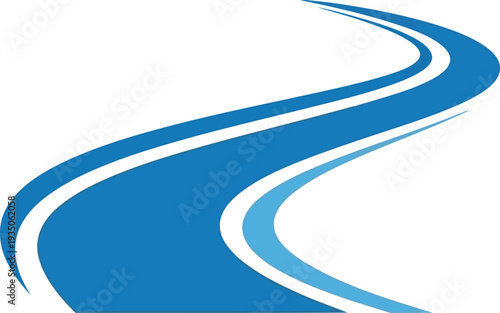 A stylized blue wave or road logo on a white background