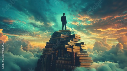 Visionary at the Summit: A lone individual stands atop a towering stack of books, overlooking a breathtaking cloudscape, embodying knowledge, aspiration.
