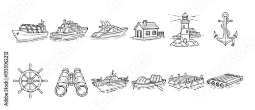 Comprehensive collection of marine transport vehicles and essential nautical equipment showcasing ships, boats, rafts, lighthouse, anchor, and steering wheel perfect for travel blogs and