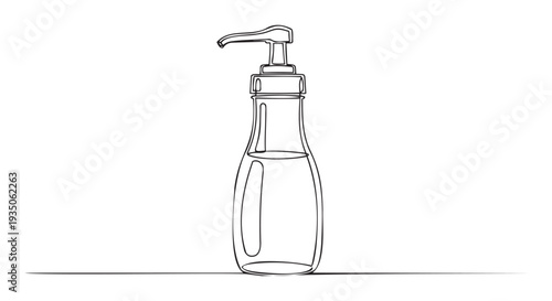 Simple line drawing of a liquid soap dispenser bottle with a pump, perfect for hygiene product packaging, web graphics, or minimalist bathroom decor concepts.