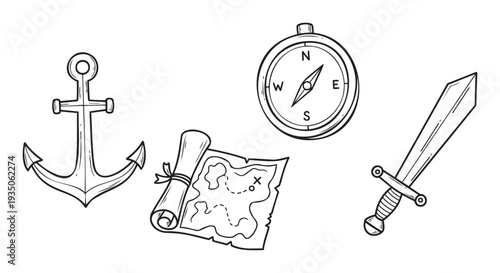 Hand drawn pirate adventure accessories collection including a compass, treasure map, anchor, and sword for gaming, childrens books, or nautical themed decorations