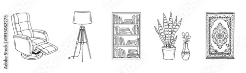 Collection of handdrawn home interior items including a comfortable recliner chair, a modern tripod floor lamp, a sturdy bookshelf with books, lush potted plants, and an elegant patterned