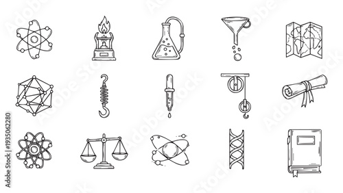 Science and education doodle icons representing various academic subjects and laboratory equipment useful for school projects, educational materials, and scientific presentations.