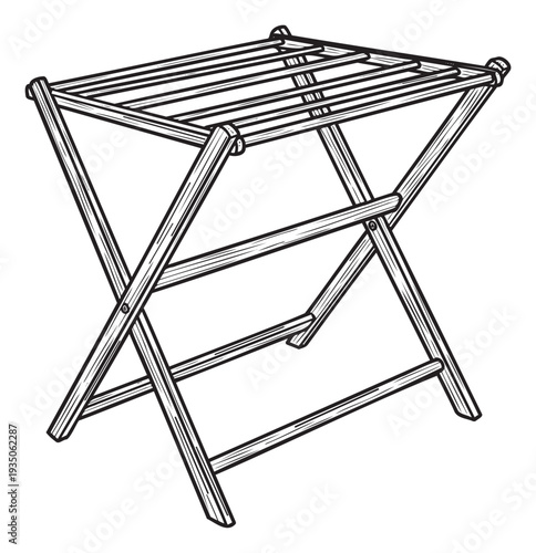 Black and white line drawing of a foldable wooden clothes drying rack, perfect for domestic laundry care, home organization, or household item catalogs.