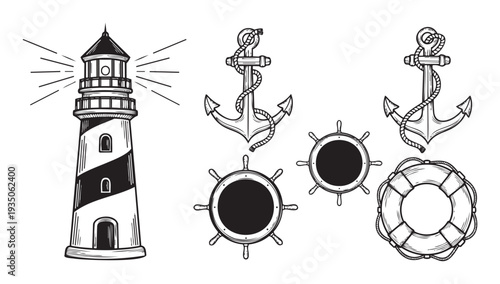 A collection of hand drawn nautical symbols including a lighthouse, anchors, ship wheels, and a lifebuoy for maritime themed decorations or sea adventures stories