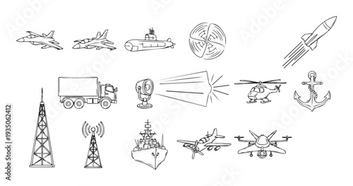 Set of sketched military assets, transportation vehicles, communication towers, and naval items for defense industry, educational content, or security operations graphics.