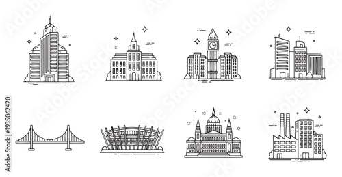 Minimalist line art icons of architectural structures modern city buildings, historical landmarks, infrastructure, and industrial factories, ideal for graphic design projects.