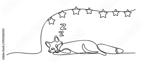 Minimalist continuous line drawing of a sleeping fox with a garland of stars overhead, perfect for childrens books, nursery decor, calming themes, or bedtime stories.