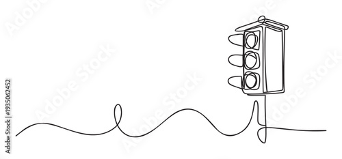 A minimalist continuous line drawing showcasing a threelight traffic signal, suitable for graphic design, educational content, and web applications emphasizing road safety and urban traffic