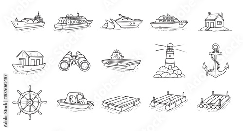 Nautical and maritime sketches featuring a collection of ships, lighthouse, anchor, wheel, houseboat, binoculars, and various rafts, ideal for themed graphic assets and decorative projects